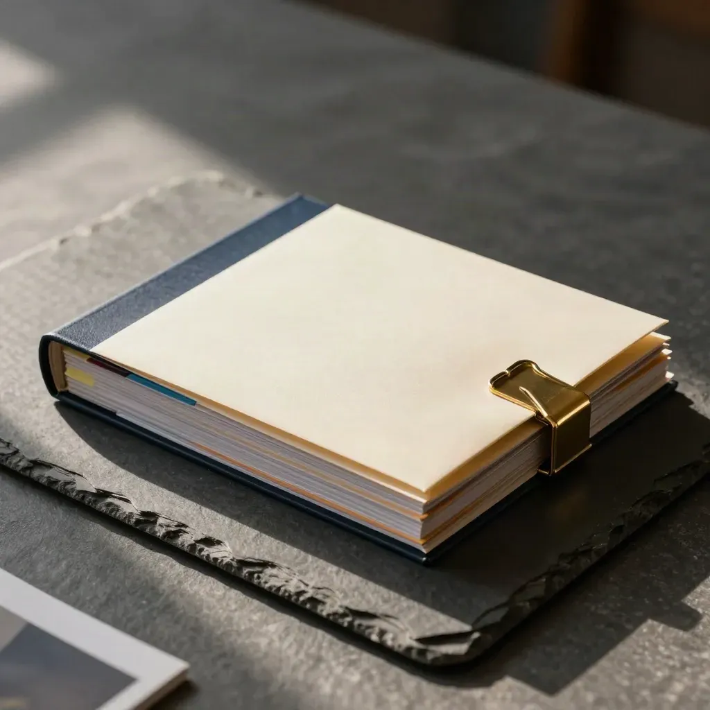 Underwriting pack with binders, tabs, envelopes and brass clips on slate.