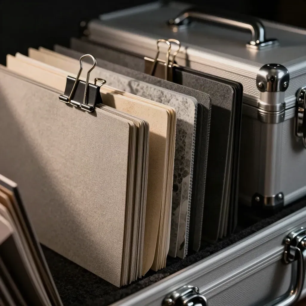 Broker placement folders, swatches and courier cases staged for fast dispatch in moody light.