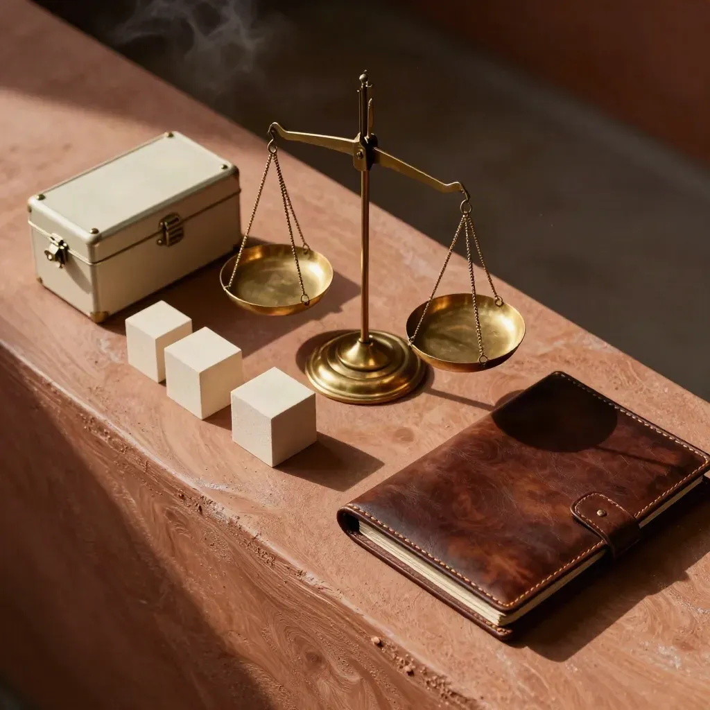Top-down capital strategy still life with brass scale, cashbox, asset cubes and leather folder.