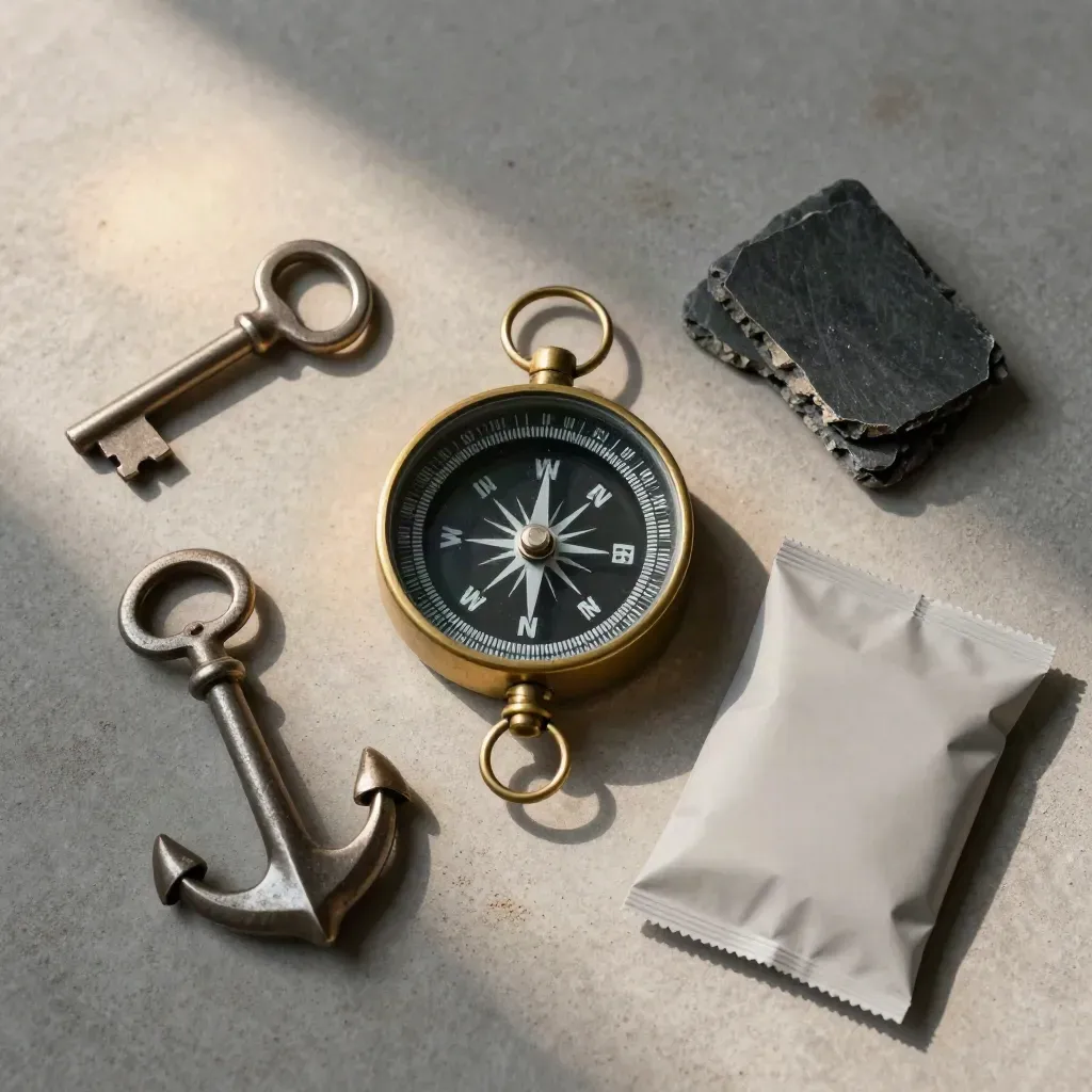Overhead flatlay of compass, key and risk samples on pale concrete with soft side light.