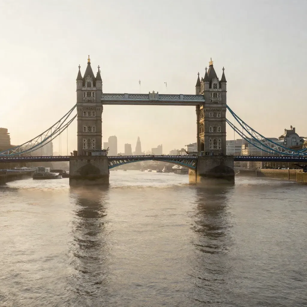 London skyline and Tower Bridge over a misty Thames at dawn
