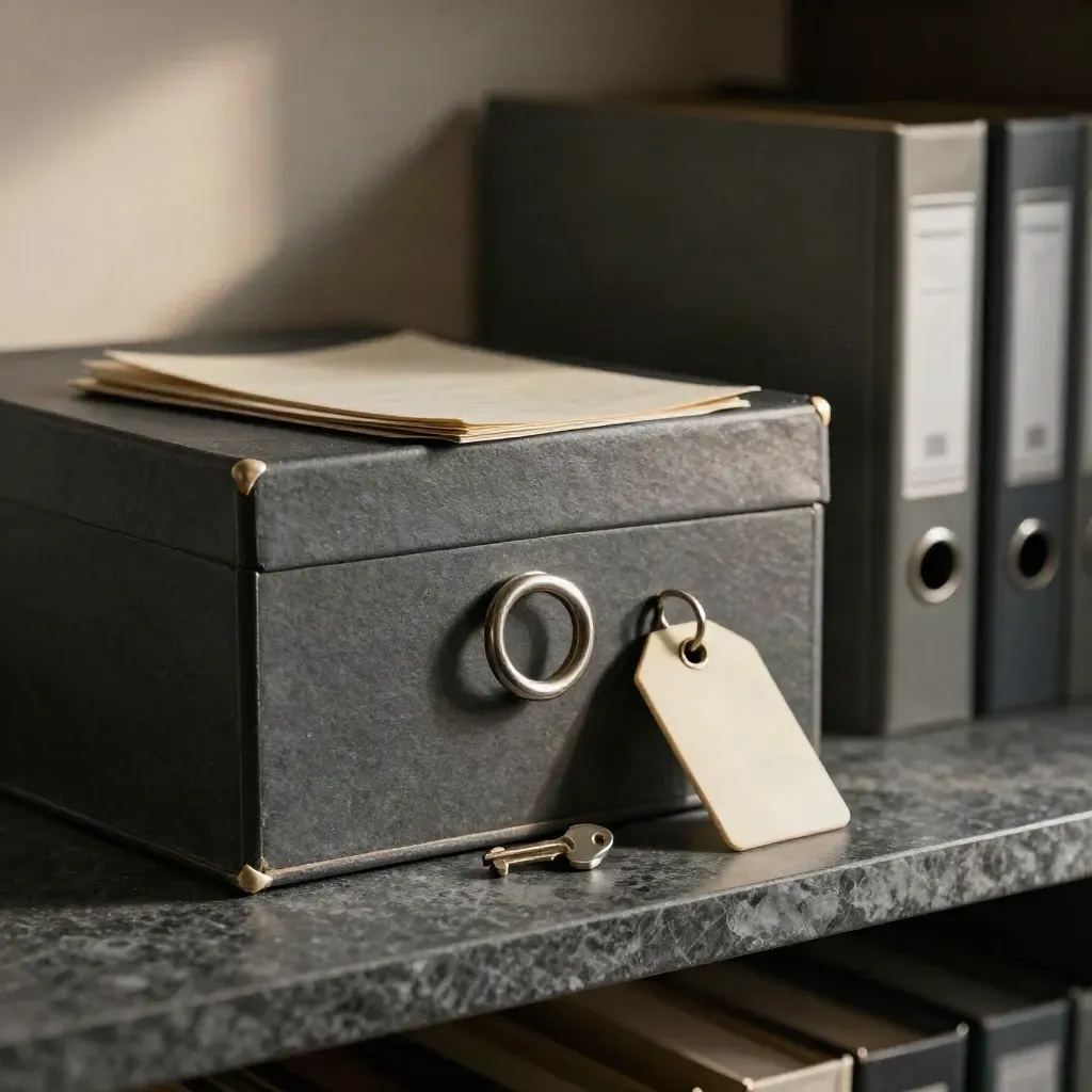 Archive box with renewal ring, key and maintenance tag on a dark stone shelf